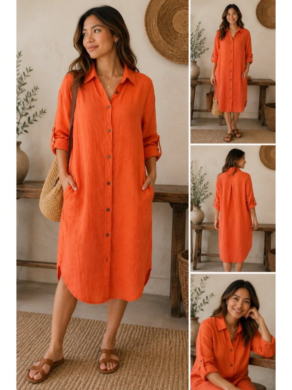 VEN MODA 100% Linen Shirt Dress Made in Italy Orange Lagenlook Oversized L